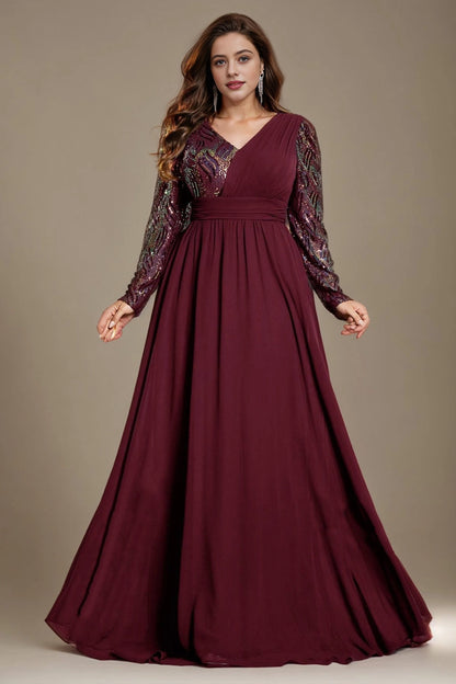 Elegant A-Line V-Neck Long-Sleeve Zip-Back Floor-Length Plus Size Mother Of Bride Dress