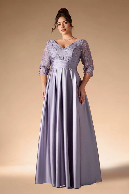 Dusty Lavender Plus Size A‑Line V‑Neck 3/4‑Sleeve V‑Back Zip‑Back Floor‑Length Prom Dress