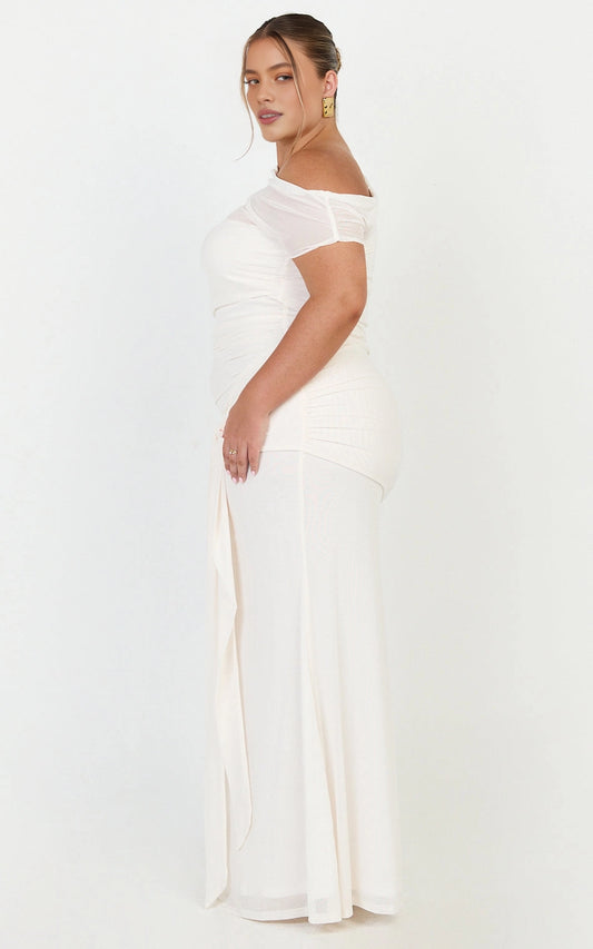 Romantic Mermaid One Shoulder Mesh Short Sleeve Open Back Tie Waist Plus Size Maxi Wedding Guest Dress