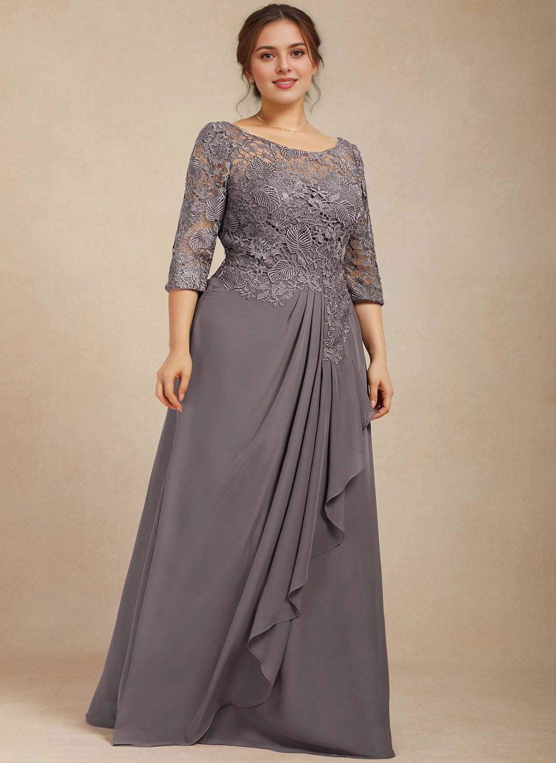 Graceful A-line Bateau Neck 3/4 Sleeve Lace-Back Maxi plus size Mother Of Bride Dress