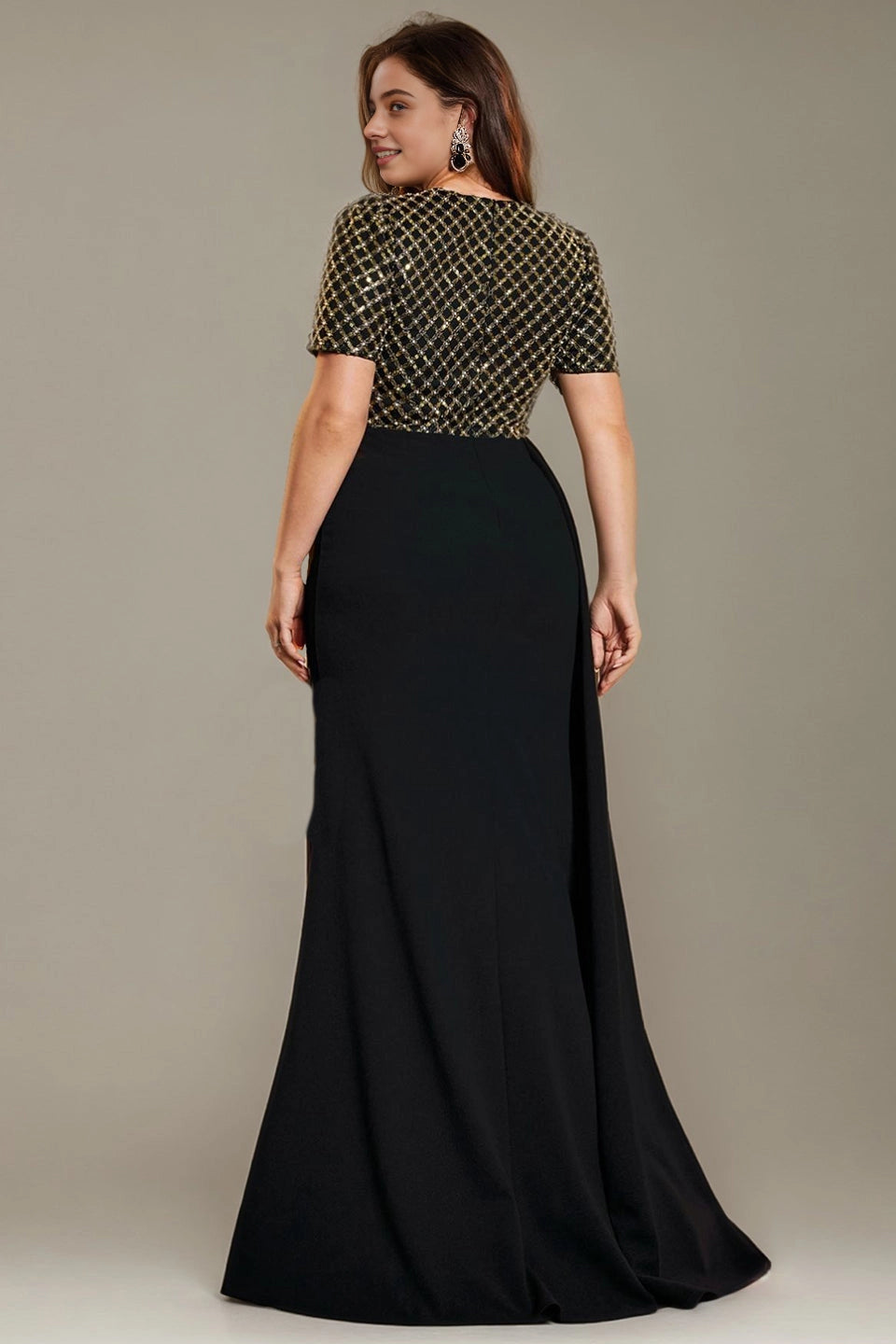 Roselledress evening gown full grid sequin zip back curvy floor length wedding mother dress back photo