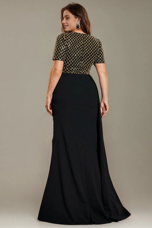 Roselledress evening gown full grid sequin zip back curvy floor length wedding mother dress back photo