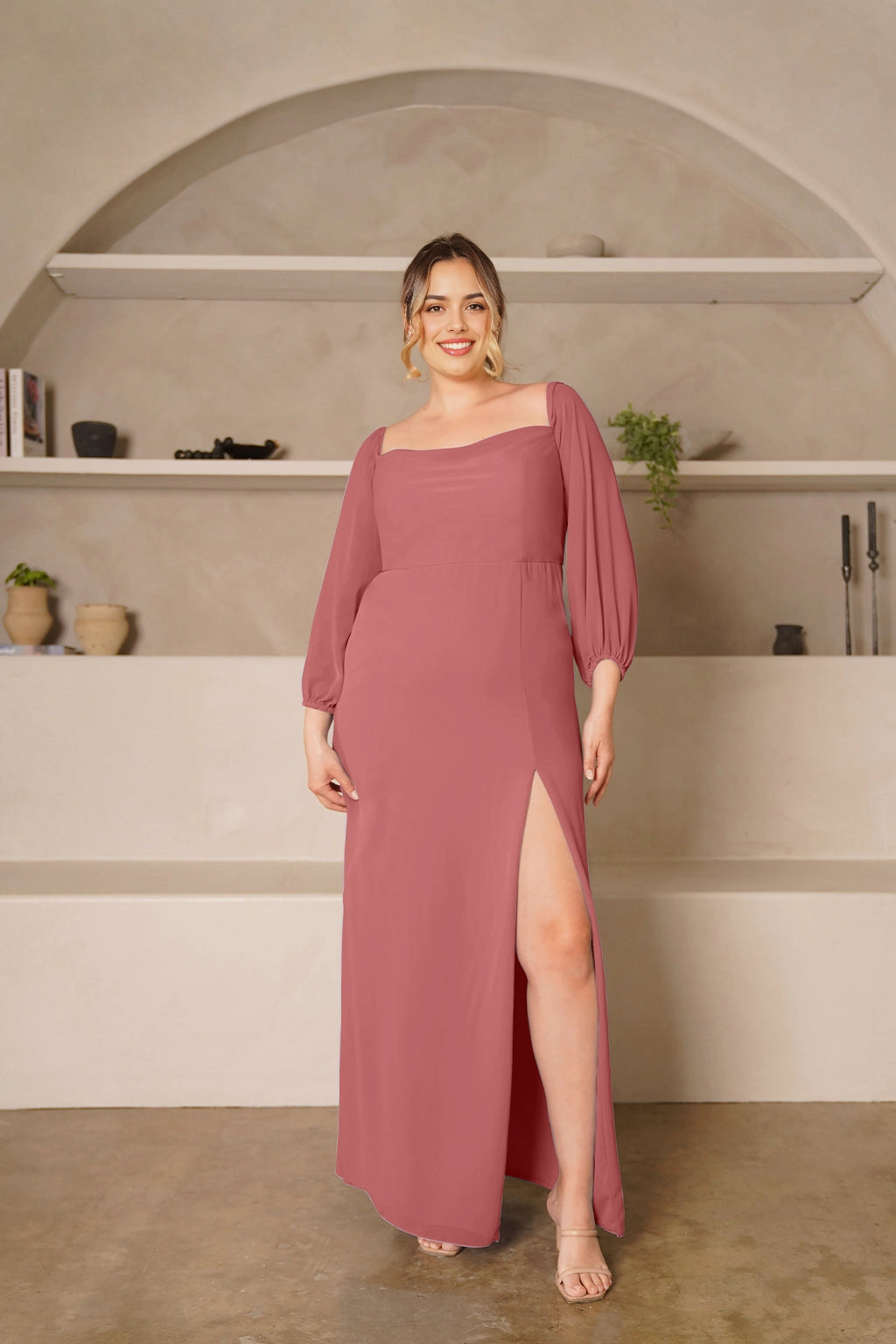 Elegant Sheath Square Neck Balloon Sleeve Zipper Back Plus Size Bridesmaid Dress