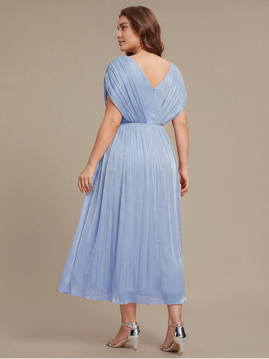 roselledress ice blue shimmer midi mother of groom dress v‑back draped short sleeve full a‑line skirt plus size formal wedding guest dress back view