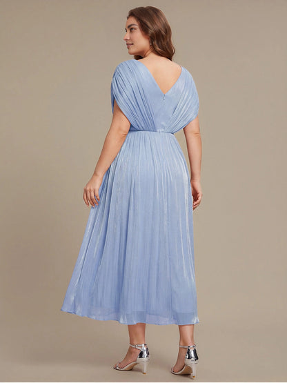 roselledress ice blue shimmer midi mother of groom dress v‑back draped short sleeve full a‑line skirt plus size formal wedding guest dress back view