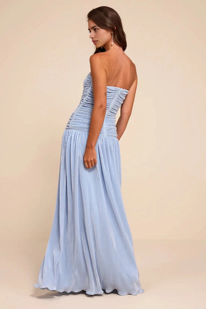 Back view RoselleDress light blue ruched strapless gown open back pleated floor length wedding guest dress