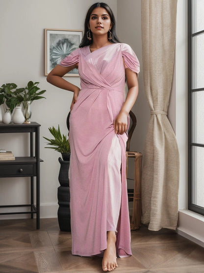 Glamorous Sheath V‑Neck Cold‑Shoulder V‑Back Floor‑Length Plus Size Wedding Guest Dress