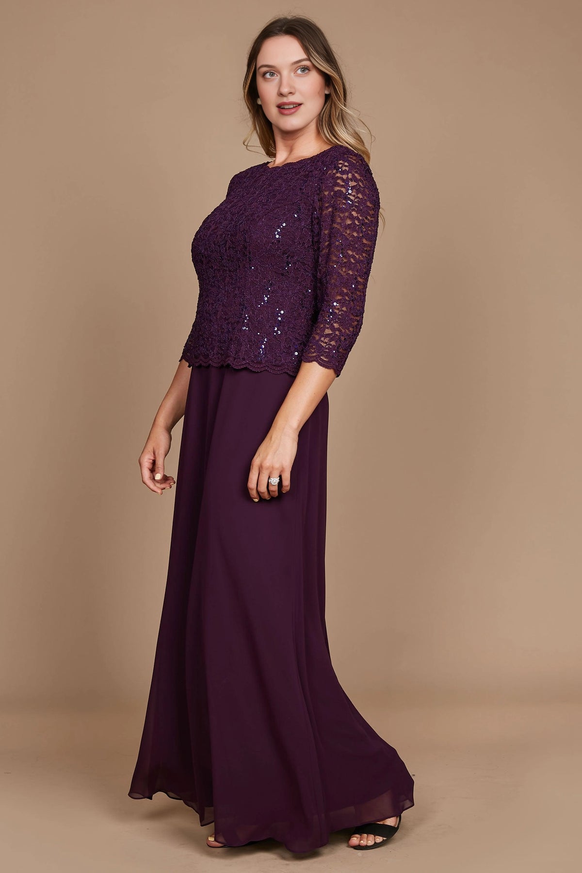 Plum A-Line Bateau-Neck Three-Quarter Sleeve V-Back Long Mother of the Bride Dress