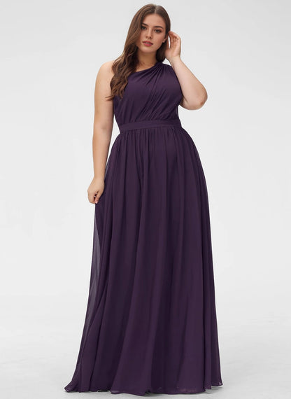 Roselledress Flowy Chiffon Aline One Shoulder Sleeveless Ruched Back Floor Plus Size Weeding Guest Dress