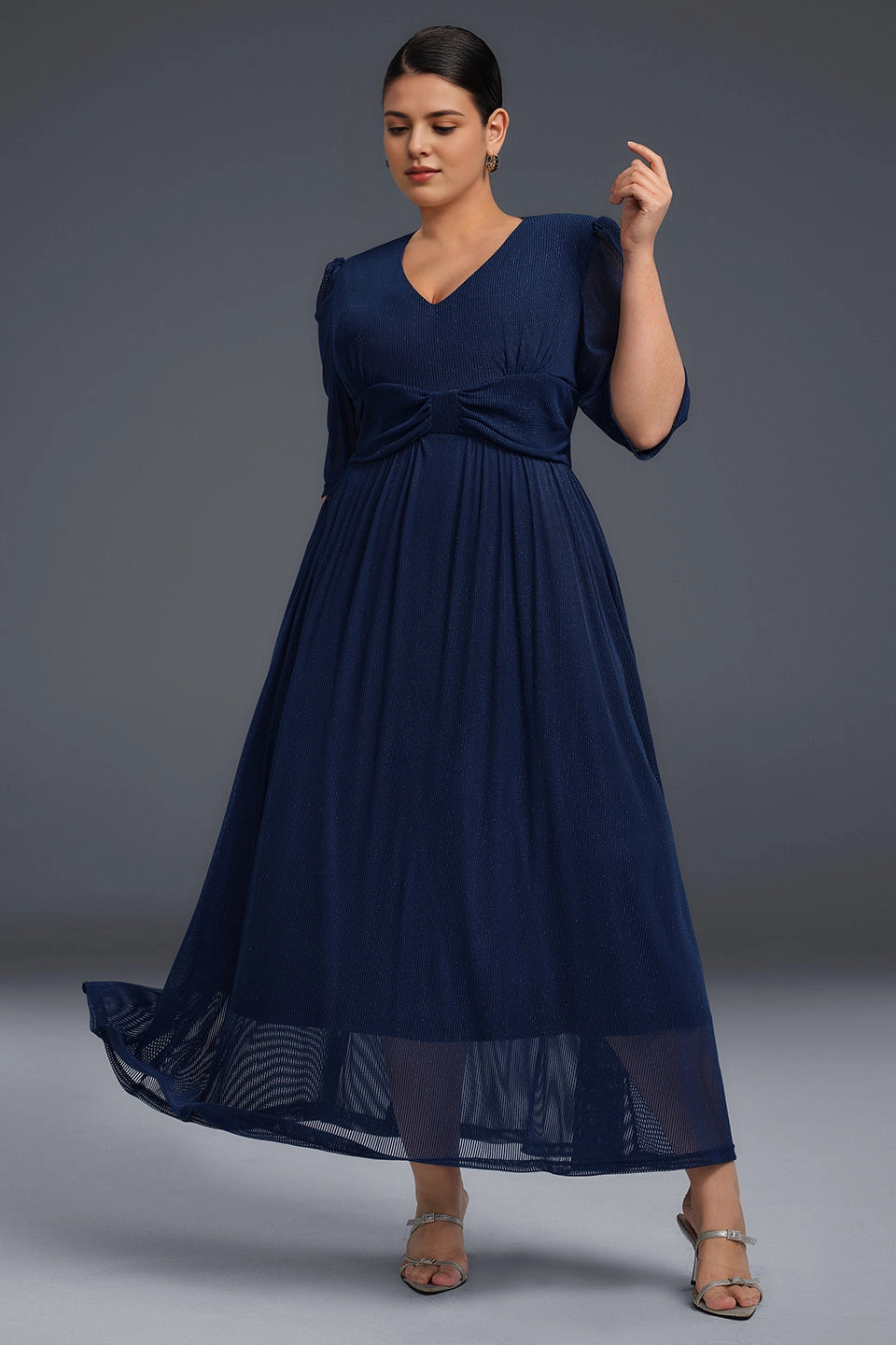 Navy Blue Plus Size A‑Line V‑Neck 3/4‑Sleeve Zip‑Back Midi Prom Dress