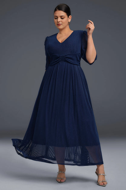 Navy Blue Plus Size A‑Line V‑Neck 3/4‑Sleeve Zip‑Back Midi Prom Dress