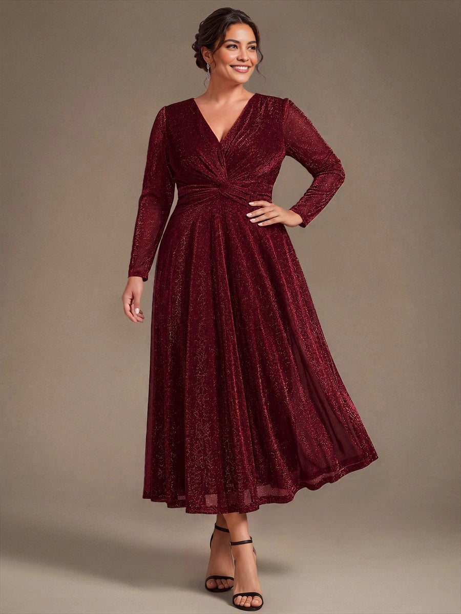 Roselledress Olive‑Green Plus‑Size Long‑Sleeve Twist‑Waist A‑Line Midi Mother of the Bride Dress