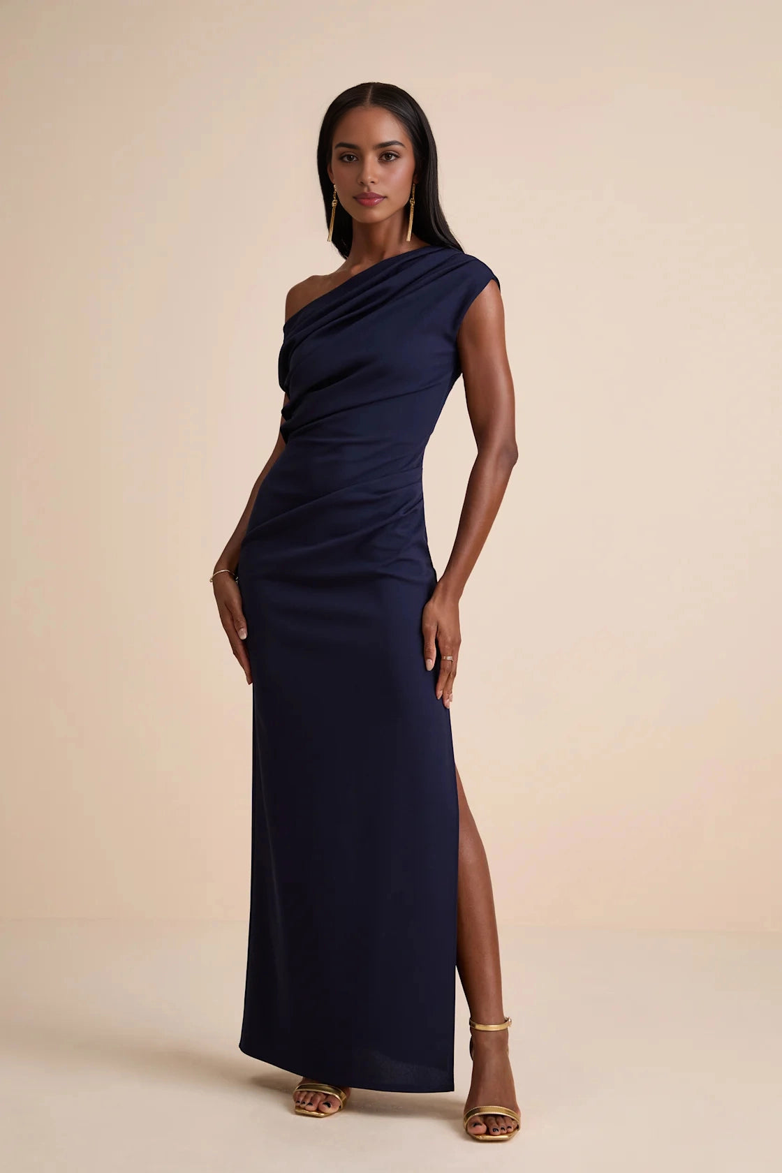 RoselleDress navy ruched one shoulder evening gown draped neck high slit maxi formal dress