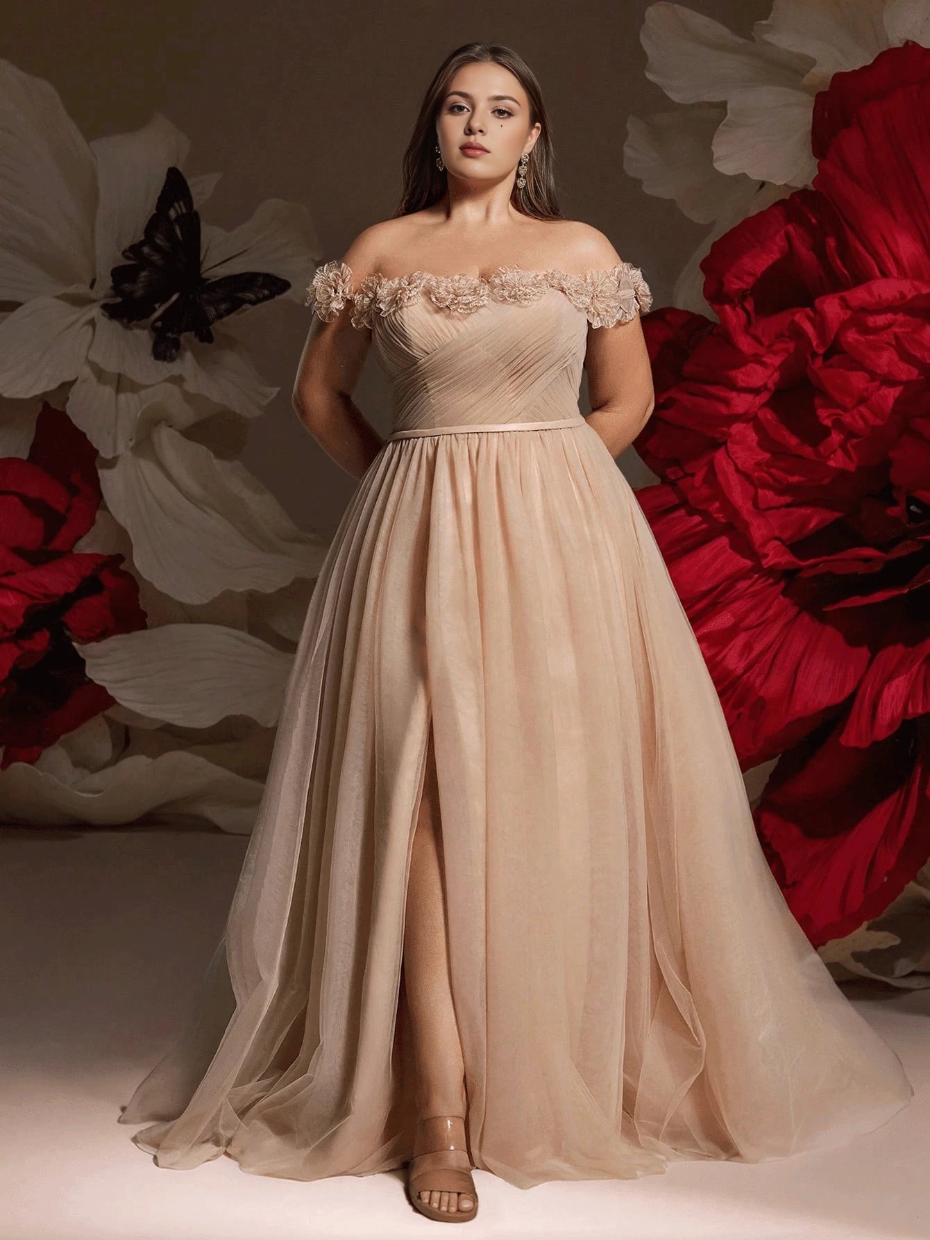 Nude Plus Size A‑Line Off‑The‑Shoulder Floral‑Sleeve Lace‑Up‑Back Floor‑Length Prom Dress