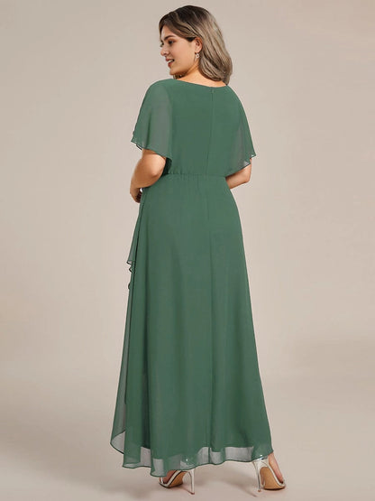 Roselledress plus size chiffon formal gown invisible zipper back Emerald midi evening dress rear shot