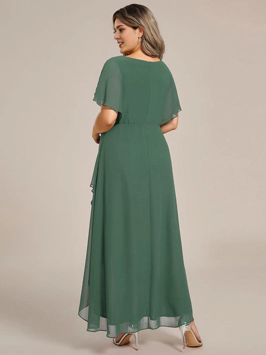 Roselledress plus size chiffon formal gown invisible zipper back Emerald midi evening dress rear shot