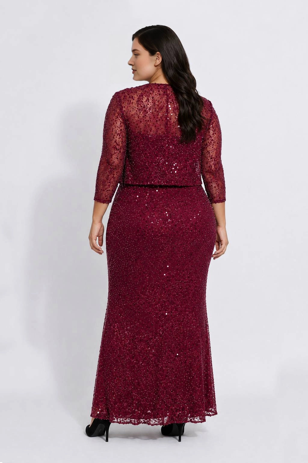 Back view of burgundy sheer lace back long mother of the bride dress by roselledress