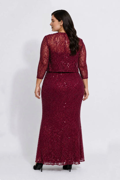 Back view of burgundy sheer lace back long mother of the bride dress by roselledress