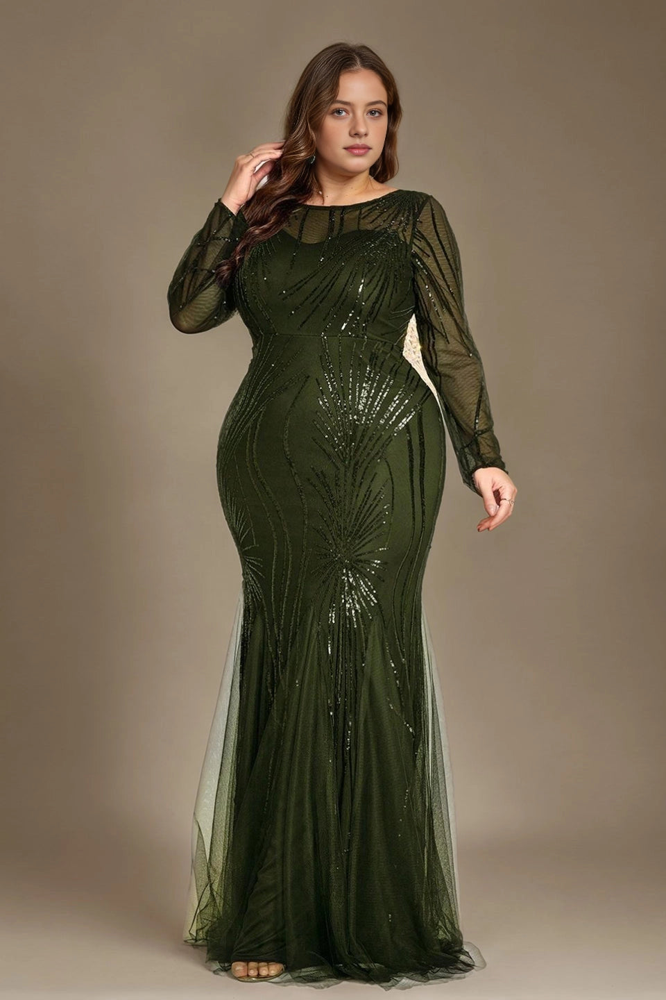 Glam Plus Size Mermaid Round-Neck Long-Sleeve V-Back Train-Length Mother Of Bride Dress