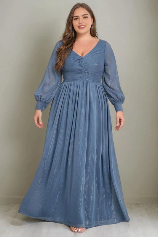 Roselledress plus size dusty blue shimmer chiffon prom dress v neck long sleeve floor length front view