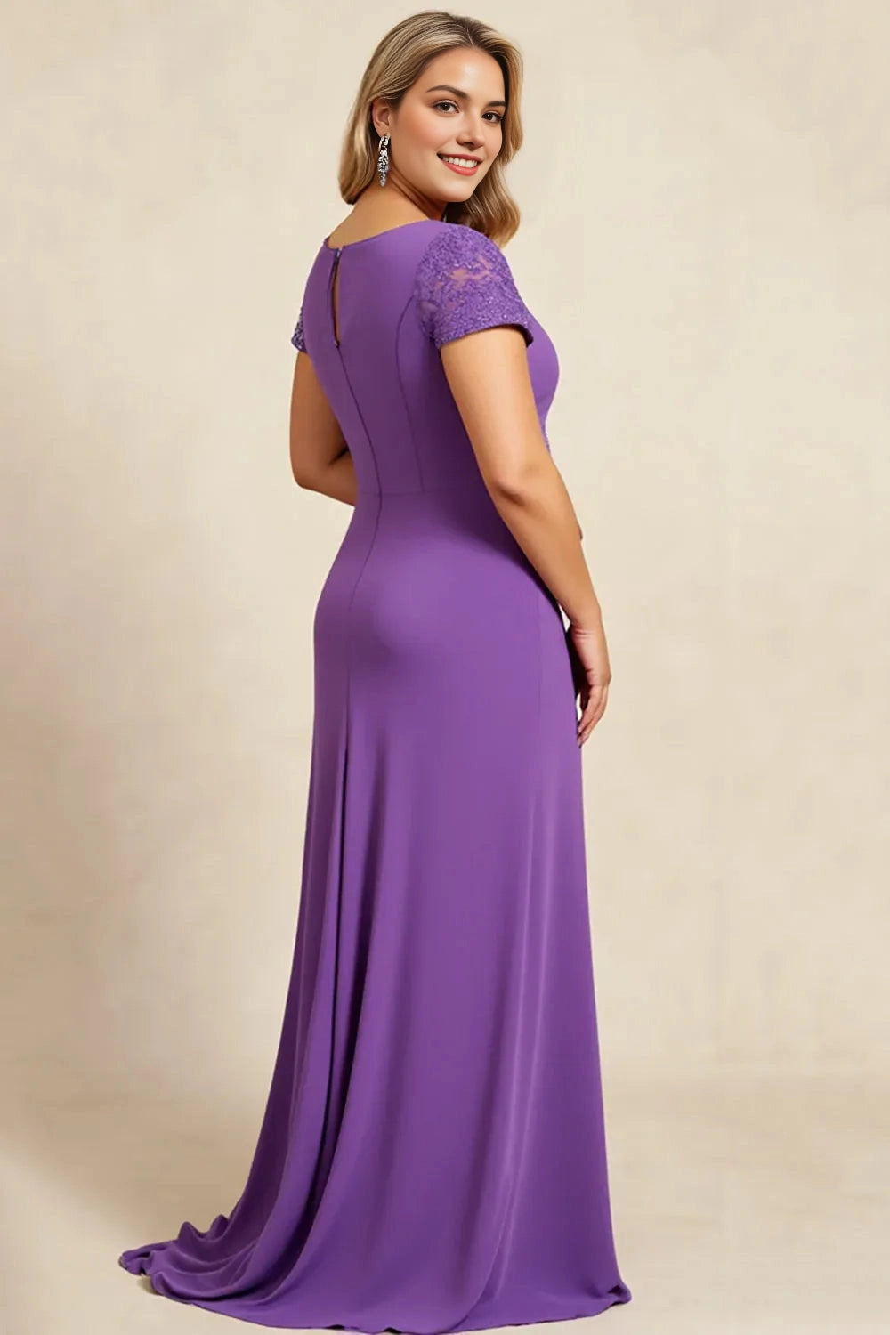 Roselledress purple sheath dress back view,keyhole back lace sleeve plus size long evening gown for wedding