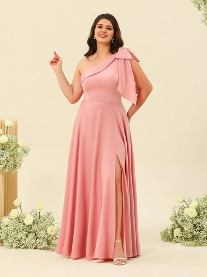 Roselledress Dusty Rose A Line One Shoulder Bow Sleeve Zip Back Maxi Plus Size Bridesmaid Dress 