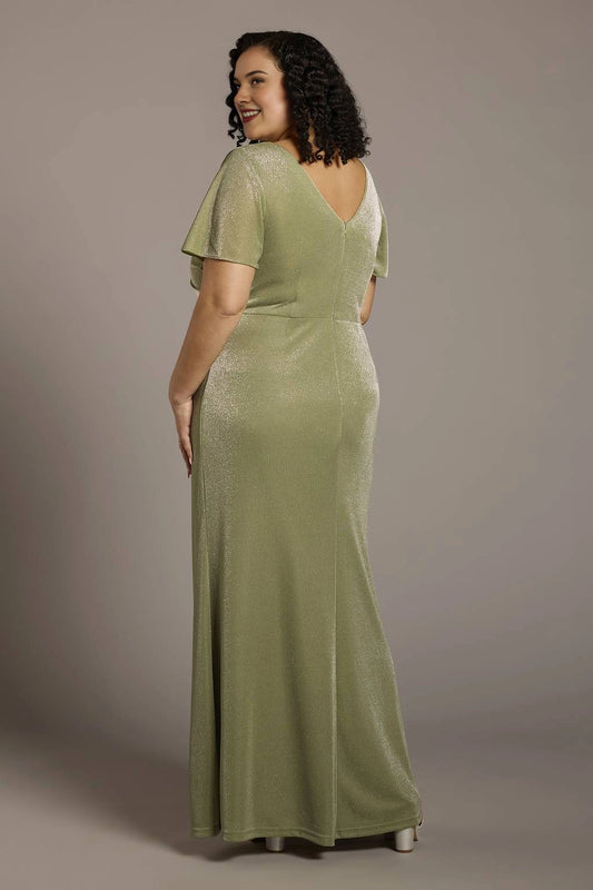 Back view of sage green V-back long mother of the bride dress by roselledress