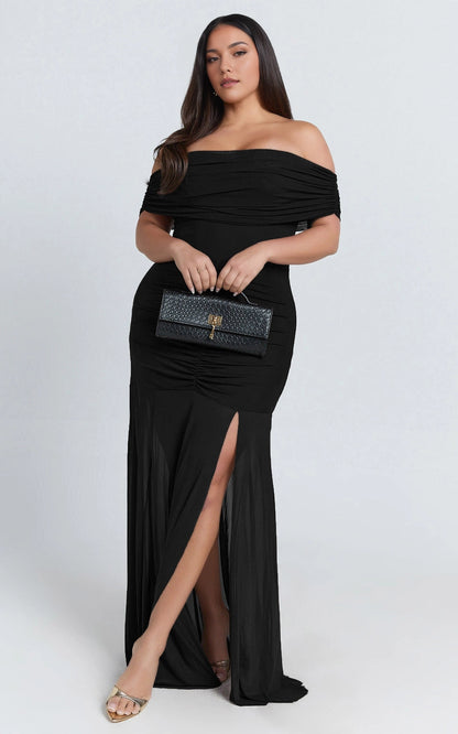 Ruched Off Shoulder Mesh High Slit Plus Size Wedding Guest Dress