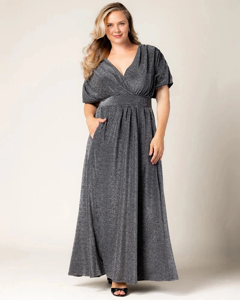 Bronze Shimmer Dolman Sleeve V‑Neck Maxi Plus Size Wedding Guest Dress