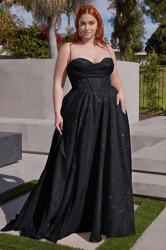 Roselledress black sparkly plus size evening dress corset waist spaghetti strap train gown