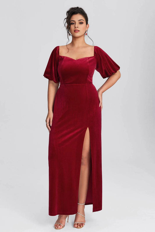 Roselledress burgundy plus size velvet evening dress sweetheart puff short sleeve sheath slit bridesmaid gown