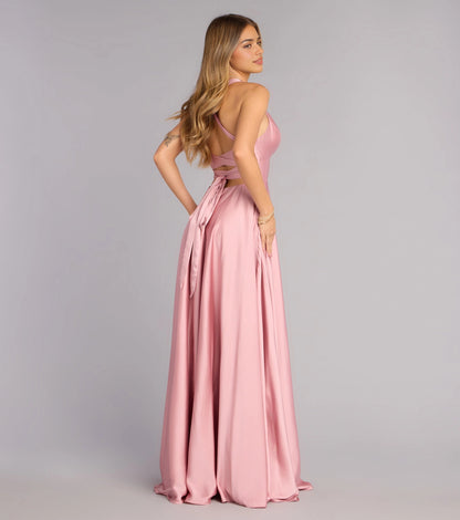 back view Roselledress pink satin crisscross tie open back long bridesmaid formal dress bow detail