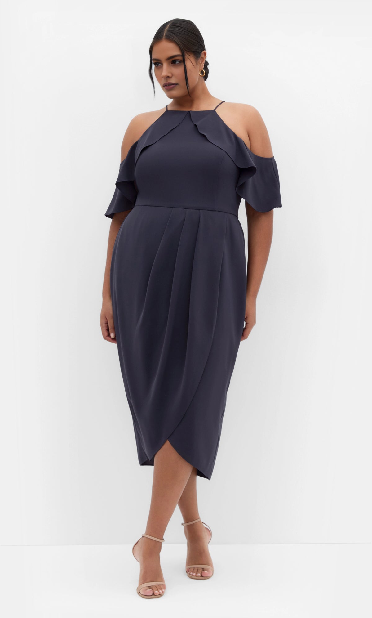 Chic Sheath Halter Cold‑Shoulder Flutter Sleeve Keyhole‑Back Midi Plus Size Wedding Guest Dress