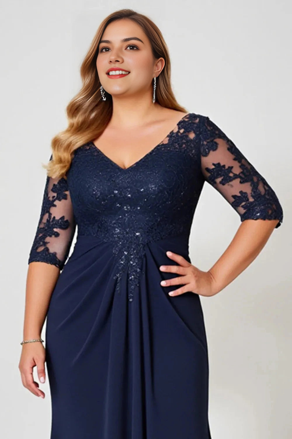 Stunning Mermaid V‑Neck 3/4‑Sleeve Scallop‑Back Floor‑Length Plus Size Mother Of The Bride Dress