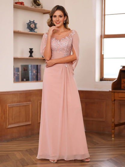Roselledress dusty pink plus size bateau lace mother dress cape sleeve ruched floor length formal gown