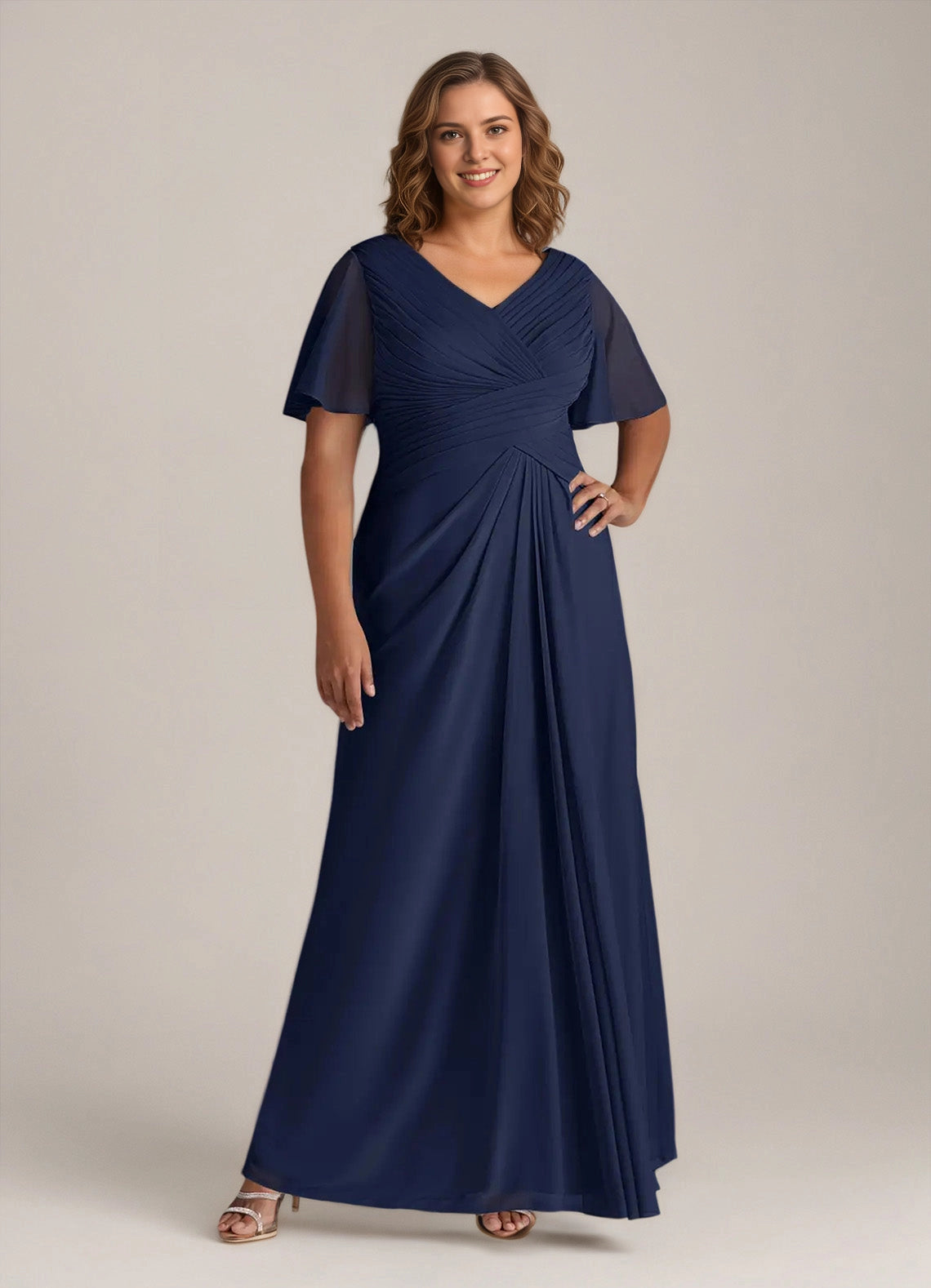 roselledress navy plus size chiffon mother of bride dress v neck flutter sleeve pleated long gown