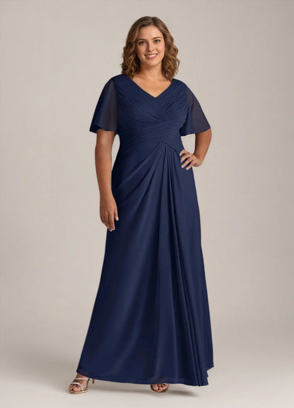 roselledress navy plus size chiffon mother of bride dress v neck flutter sleeve pleated long gown