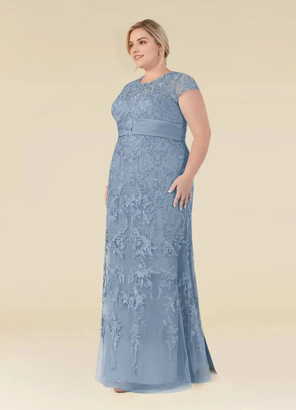 Stunning Mermaid Round‑Neck Cap‑Sleeve Illusion‑Back Floor‑Length Plus Size Mother Of The Bride Dress