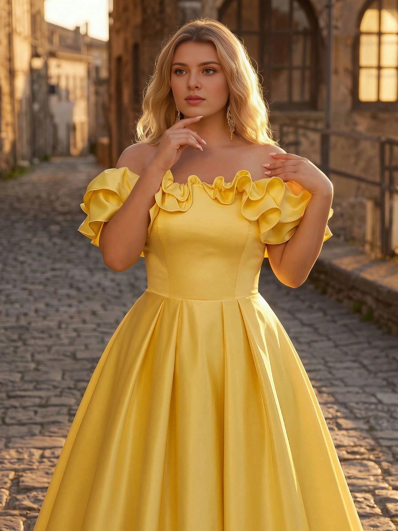 Plus Size Yellow A‑Line Off‑The‑Shoulder Ruffle‑Sleeve Corset‑Back Floor‑Length Prom Dress