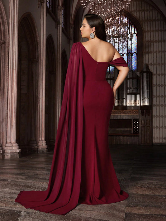 Roselledress plus size evening gown open back zipper burgundy cape train mermaid formal dress rear view