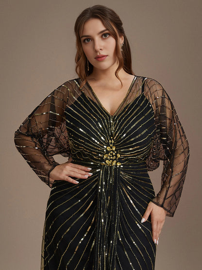 Roselledress Black Straight V Neck Long Sleeve Open Back Maxi Length Plus Size Wedding Guest Dress 