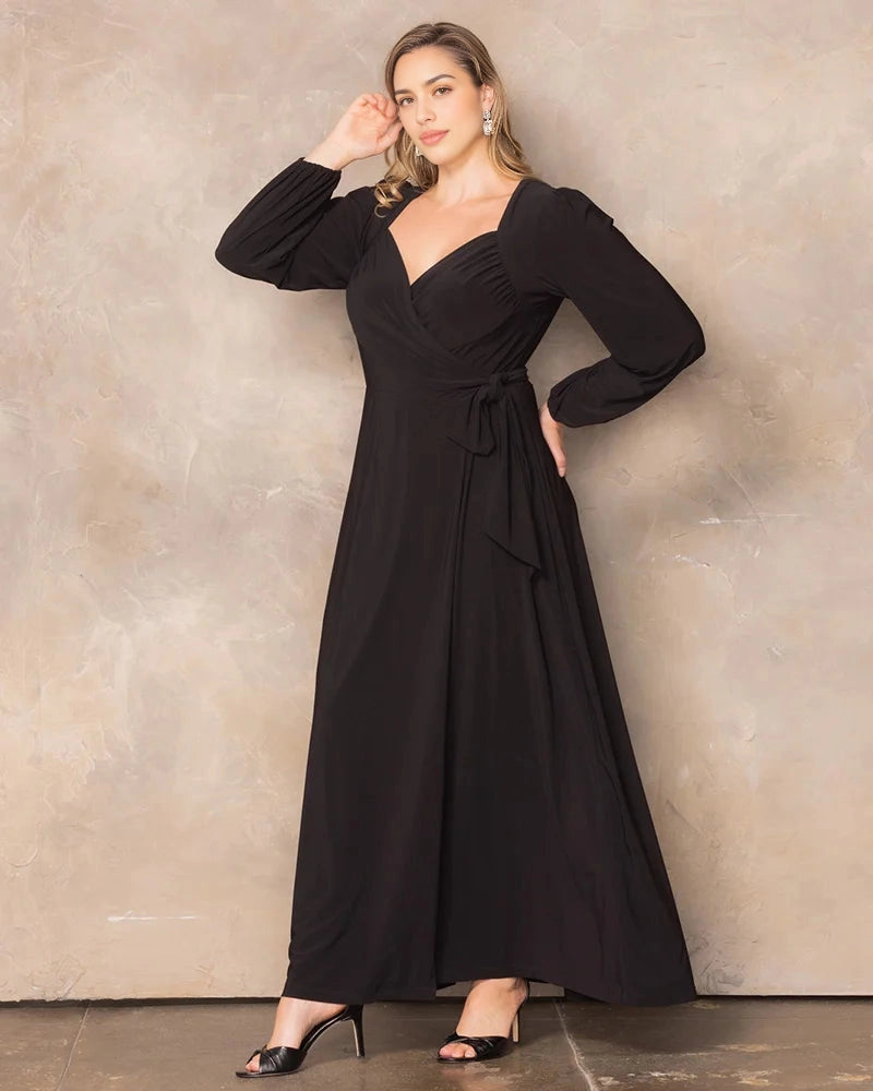Plus Size Elegant A-Line V-Neck Long Sleeve Closed Back Maxi Wedding Guest Dress