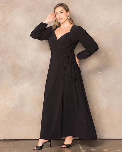 Plus Size Elegant A-Line V-Neck Long Sleeve Closed Back Maxi Wedding Guest Dress