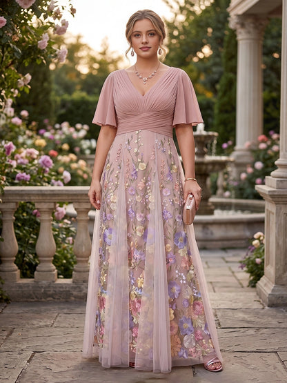 roselledress blush floral embroidery tulle plus size floor mother dress v neck flutter sleeve garden wedding gown