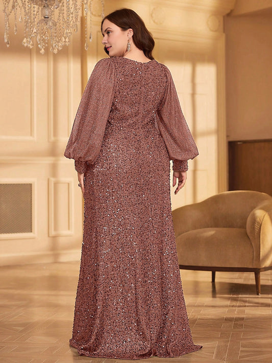 Back view of a plus size mauve sequin closed-back mermaid mother of the bride dress