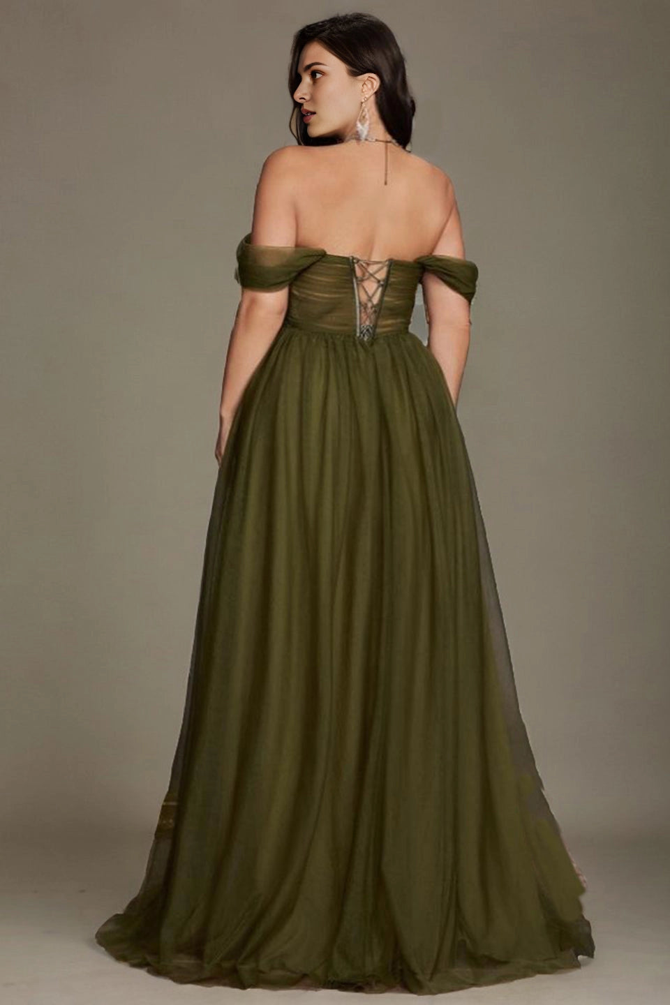 Back view Roselledress olive green plus size tulle prom dress off‑the‑shoulder lace‑up‑back formal gown with sweep train