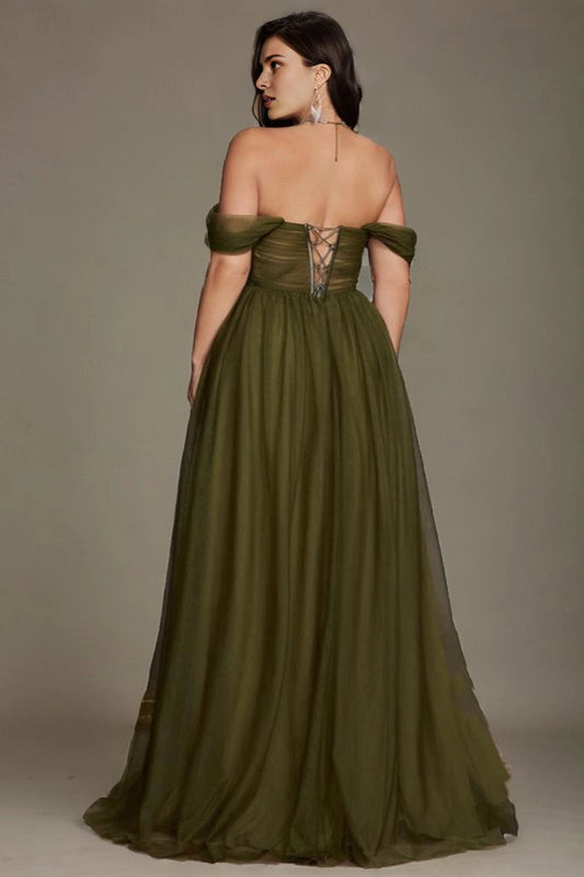 Back view Roselledress olive green plus size tulle prom dress off‑the‑shoulder lace‑up‑back formal gown with sweep train