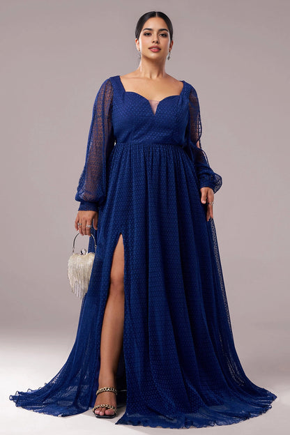 Vedress royal blue plus size sweetheart prom dress dotted tulle split long sleeve high slit a-line evening gown