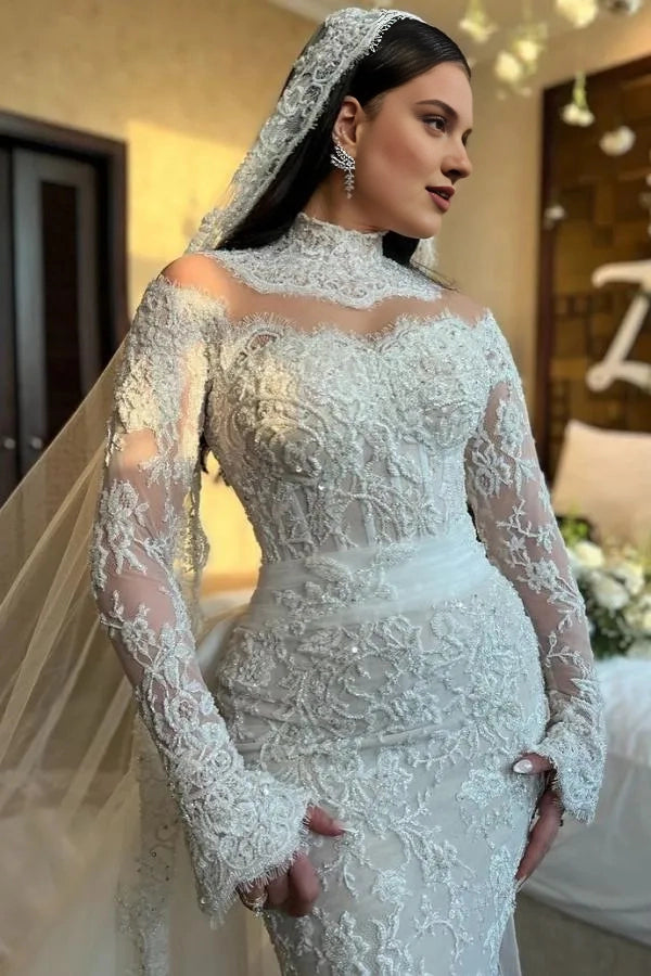Luxurious Mermaid High‑Neck Long‑Sleeve Illusion‑Back Cathedral‑Train Plus Size Wedding Dress
