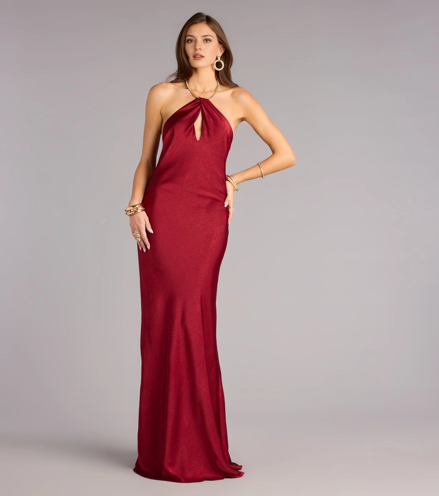 roselledress burgundy jacquard satin halter keyhole mermaid floor length formal evening dress